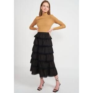 En Saison Louis Tiered Lace Trim Cotton Poplin Black Midi Skirt